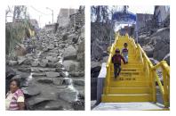 Fotografías que muestra el antes y el después de una escalera solidaria en el Asentamiento Humano Sarita Colonia, en San Juan de Lurigancho. 