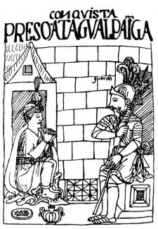 Atahualpa y Pizarro se entendieron bien durante los meses de cautiverio. Crédito: Diálogo entre Pizarro y Atahualpa por Guamán Poma de Ayala, ca. 1615, para El primer nueva corónica i buen gobierno. 